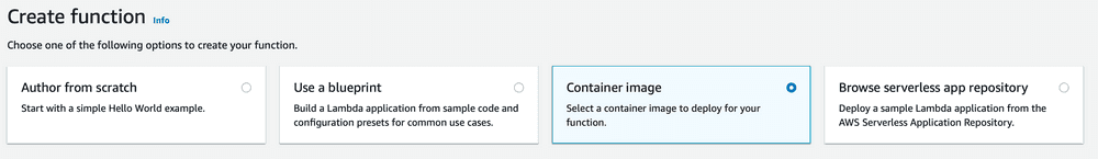 Screenshot of the new Container image option on the create function page