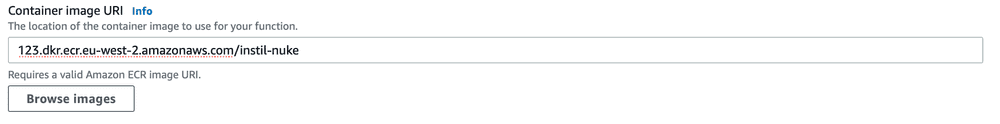 Screenshot of the Container image URI input, populated with the uploaded container image ECR URI